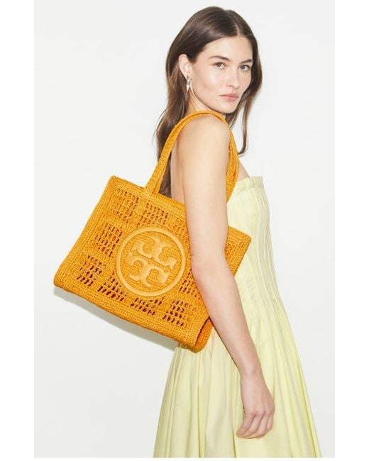 Tory Burch Ella Small Hand Crochet Tote in Orange | Lyst