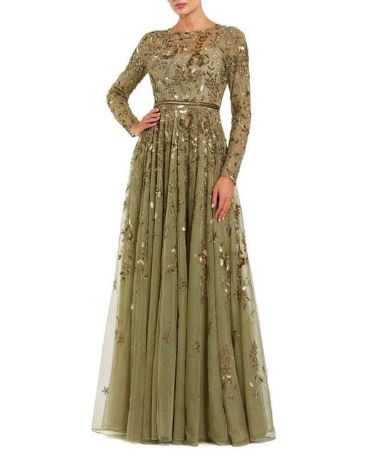 Mac Duggal Green Long Sleeve Hand Embellished Floral A-Line Gown