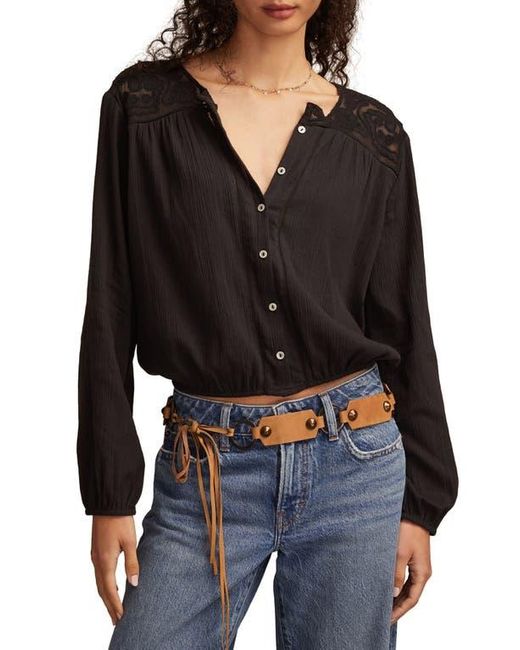 Lucky Brand Black Lace Inset Bubble Hem Cotton Button-Up Shirt