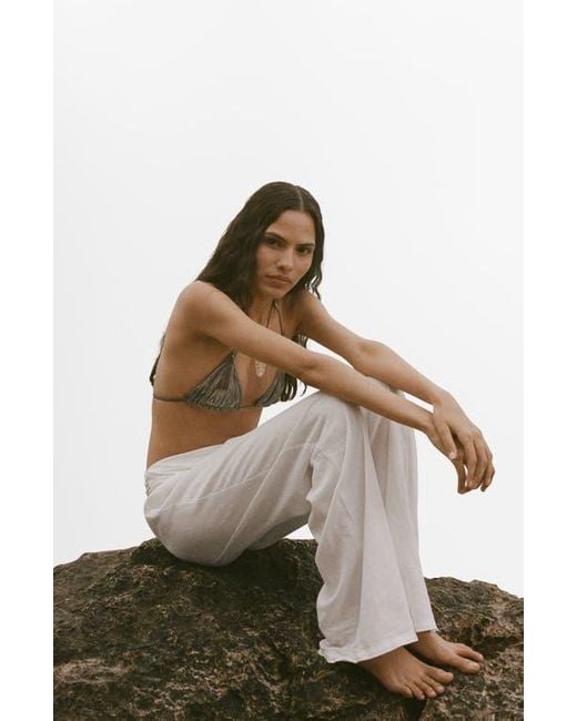 Mango White Drape Waist Wide Leg Linen Blend Pants