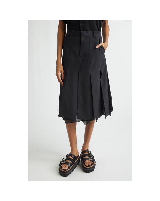 Sacai Chalk Stripe Mixed Media Skirt in Blue | Lyst