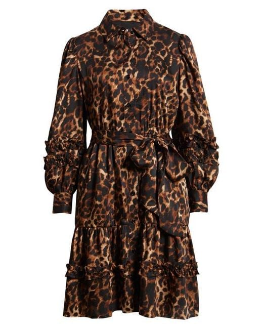 Anne Klein Brown Leopard Tie Waist Long Sleeve Shirtdress