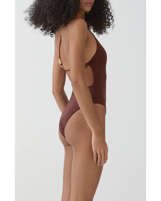 Mango Brown Milena Strappy One-shoulder One-piece Swimsuit