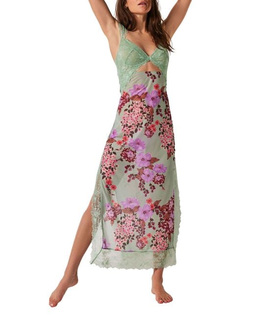Free People Multicolor Suddenly Fine Floral Print Cutout Lace Trim Nightgown