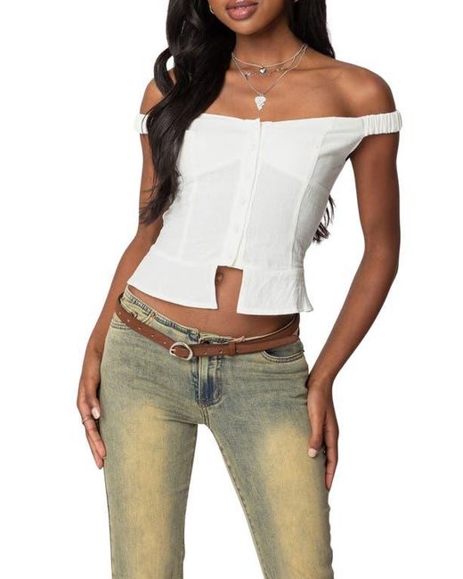 Edikted White Ali Off The Shoulder Cotton Button-Up Top