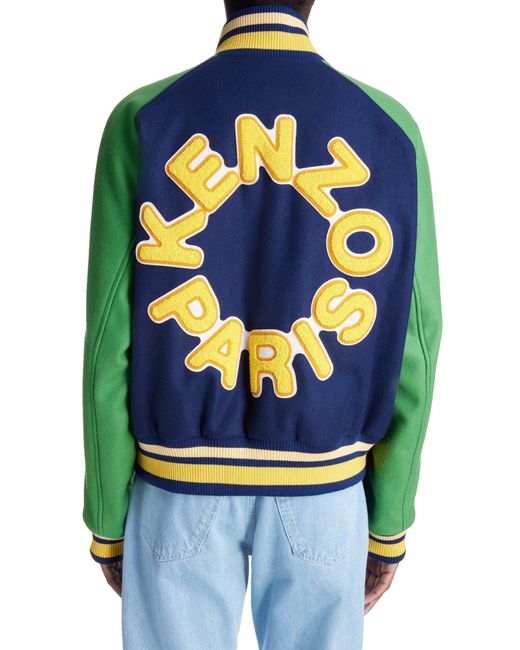 KENZO Blue Colorblock Wool Blend Varsity Jacket for men