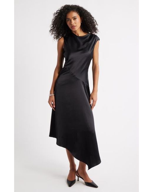 Open Edit Black Cowl Neck Asymmetric Satin Midi Dress