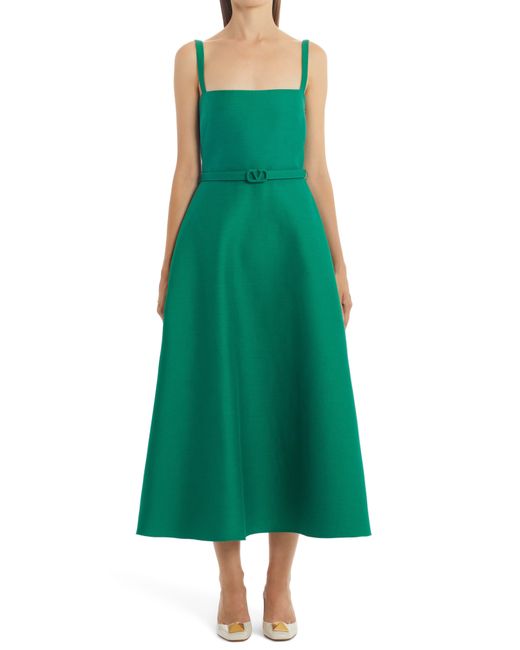 Valentino Green Vlogo Belted Cotton & Silk Crepe Couture A-line Midi Dress