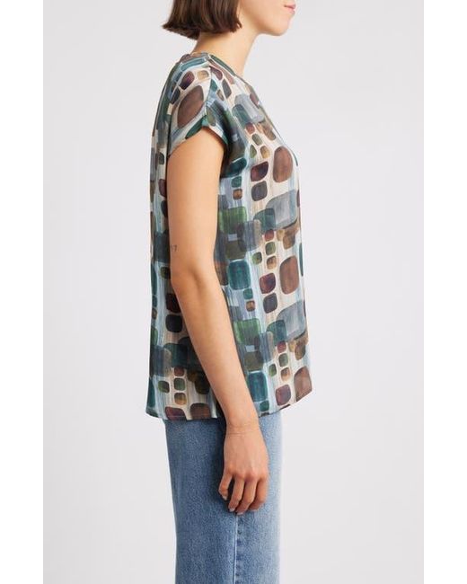 Apny Blue Geometric Print Cap Sleeve Shell