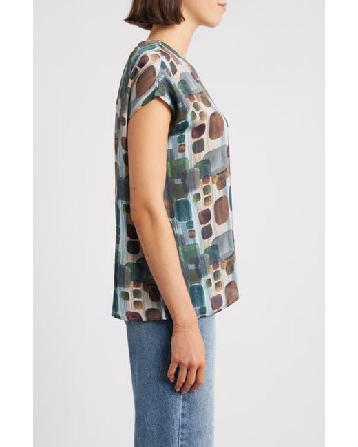 Apny Blue Geometric Print Cap Sleeve Shell