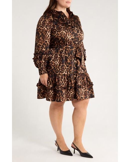 Anne Klein Brown Leopard Tie Waist Long Sleeve Shirtdress