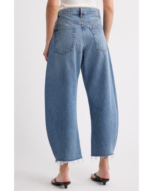 FRAME Blue The Bubble Raw Hem Crop Barrel Leg Jeans