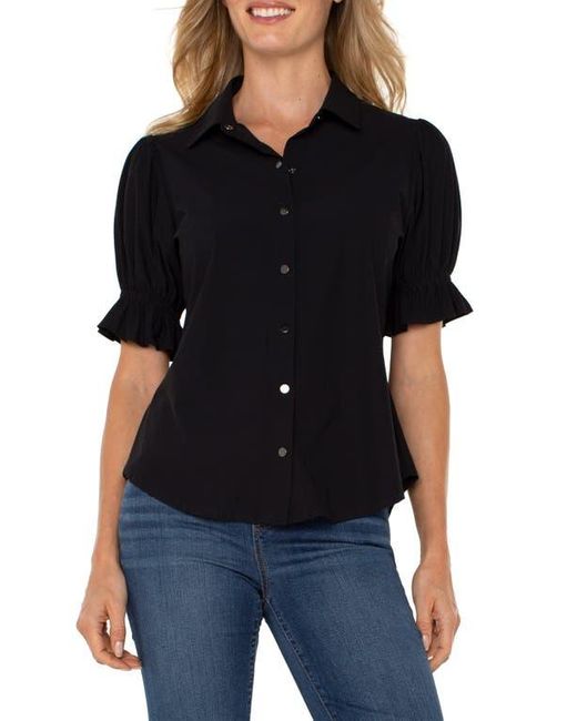 Liverpool Los Angeles Black Puff Sleeve Knit Snap-Up Shirt