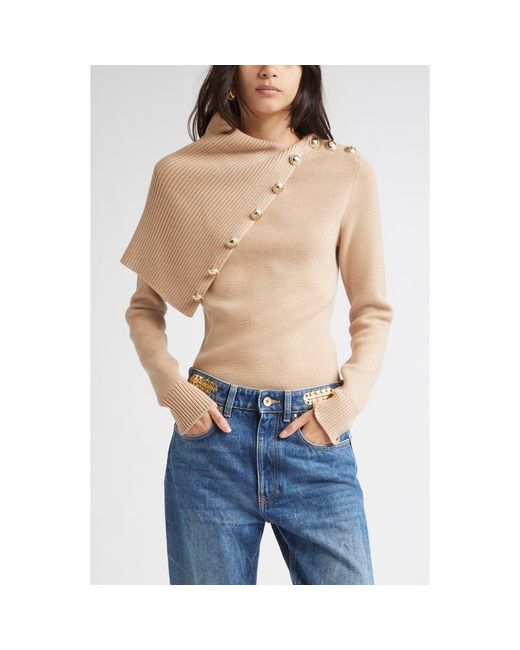 Rabanne Natural Drape Shoulder Merino Wool Sweater