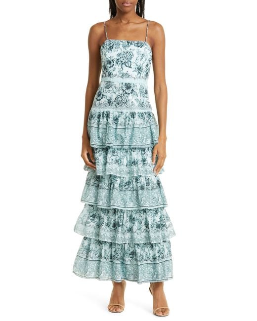 Alice + Olivia Green Alice + Olivia Valencia Floral Print Tiered Maxi Dress