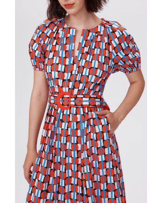 Diane von Furstenberg Red Lindy Geo Print Belted Midi Dress