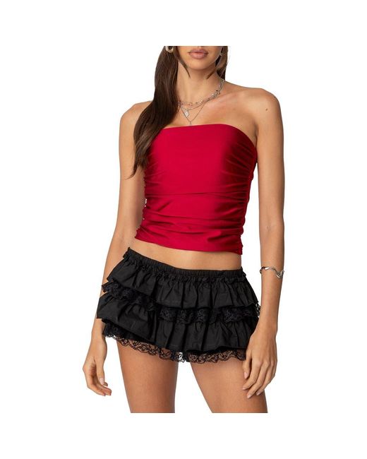 Edikted Red Maxeen Shiny Ruched Tube Top