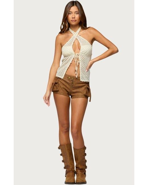 Edikted Brown Sheer Net Sequin Split Front Top