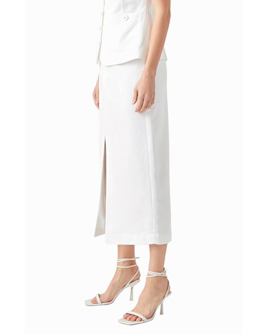 Endless Rose White Front Slit Linen Blend Midi Skirt