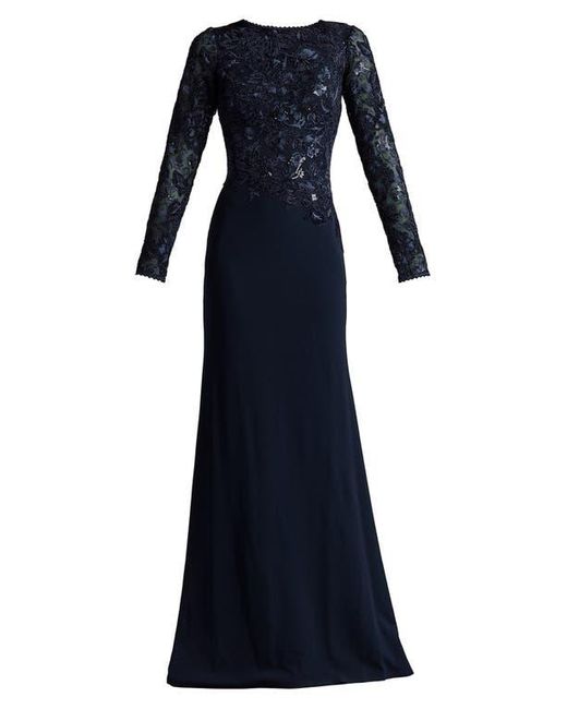 Tadashi Shoji Blue Embroidered Bodice Long Sleeve Gown
