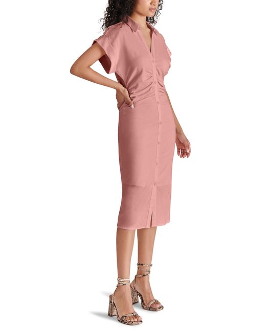 Steve Madden Pink Cambrie Ruched Linen Blend Midi Dress