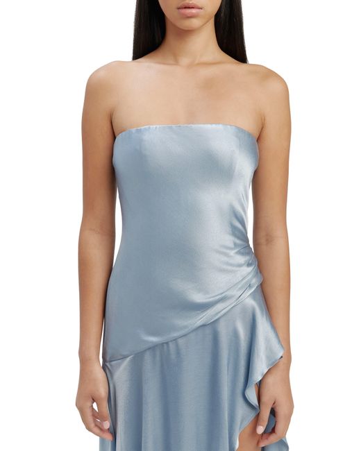 Bardot Blue Lorenza Strapless Asymmetric Hem Satin Cocktail Dress