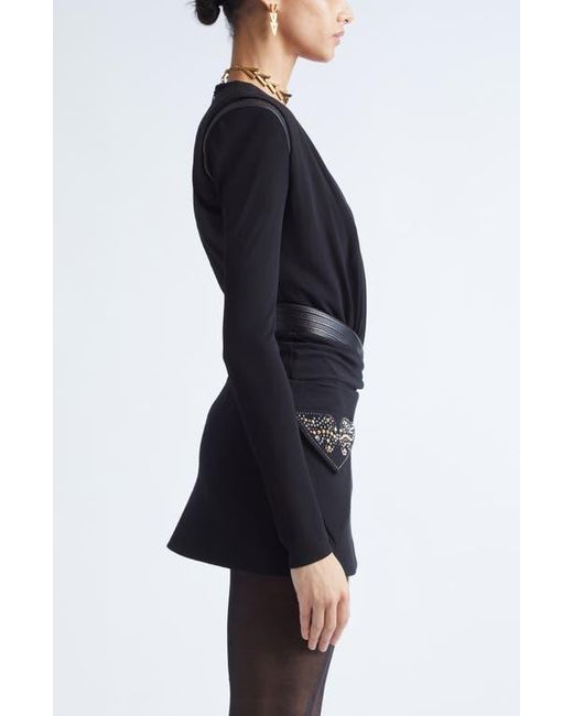 Versace Blue Long Sleeve Jersey Faux Wrap Bodysuit
