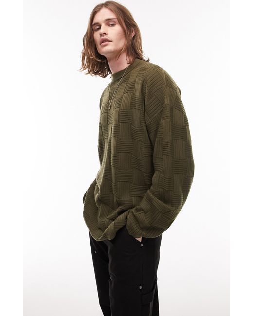 TOPMAN Oversize Basketweave Knit Crewneck Sweater in Green for Men