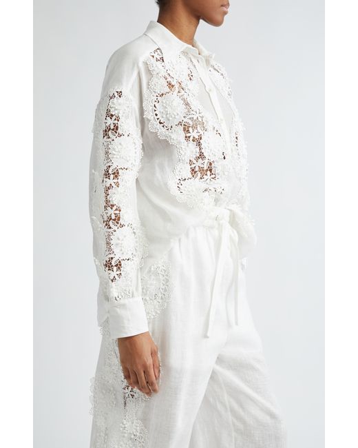 Zimmermann White Halliday Floral Lace Semisheer Ramie Button-up Shirt