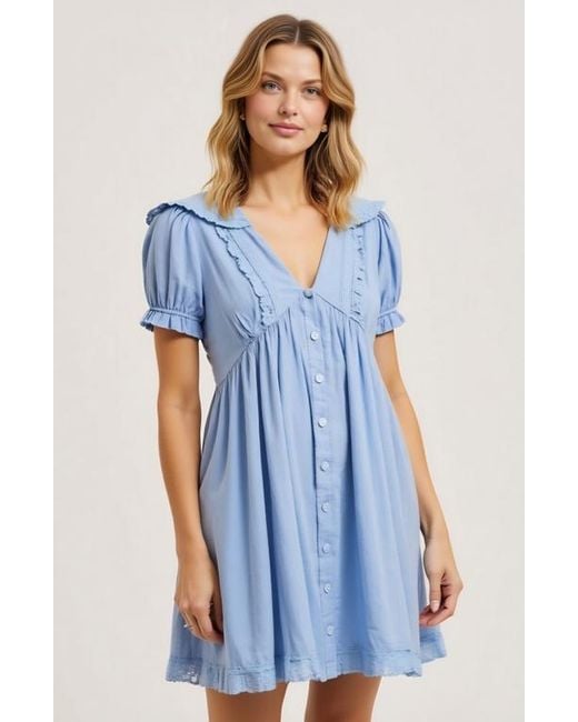 Modenaire Blue Button-Front Puff Sleeve Lace Trim Ruffle Detail Mini Dress