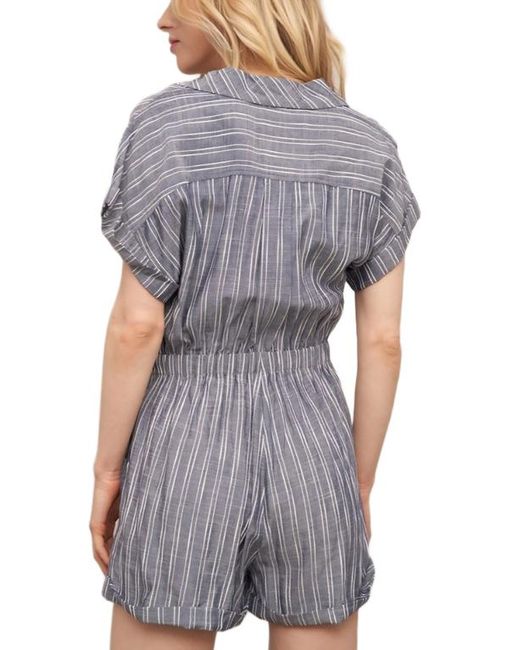 Knit & Lounge Gray Striped Button Front Drawstring Waist Short Sleeve Cuffed Hem Romper