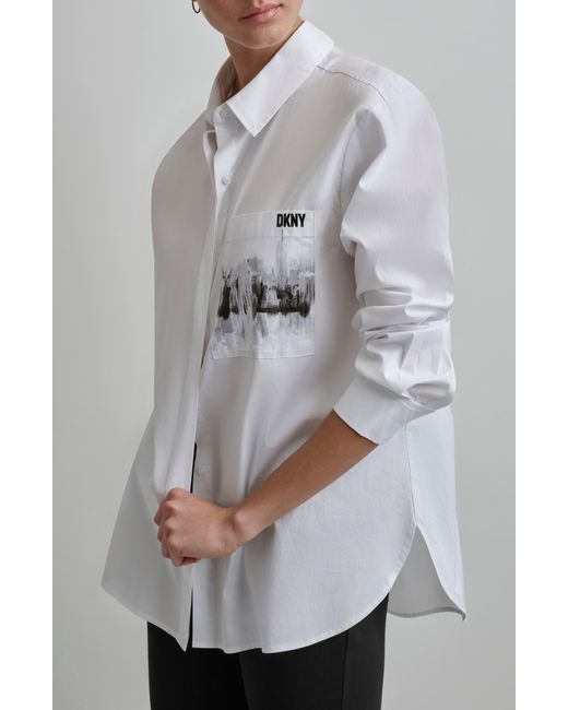 DKNY Gray Cityscape Pocket Long Sleeve Button-up Shirt