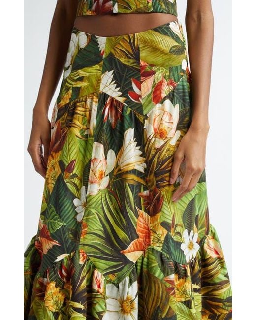 Farm Rio Green Botanical Forest Linen Blend Maxi Skirt
