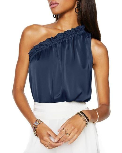 Ramy Brook Blue Tenley One Shoulder Matte Satin Top