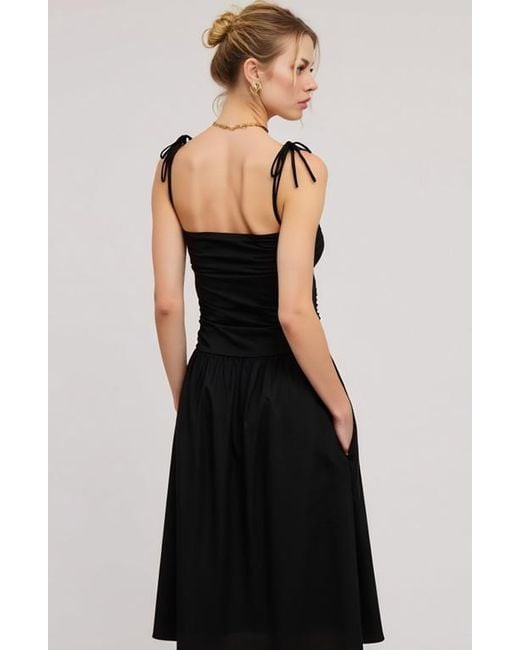 Modenaire Black Ruched Bodice Tie Strap Gathered Skirt Midi Dress