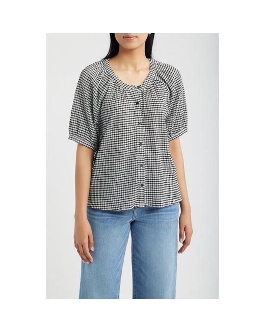 Bobeau Gray Check Front Button Top