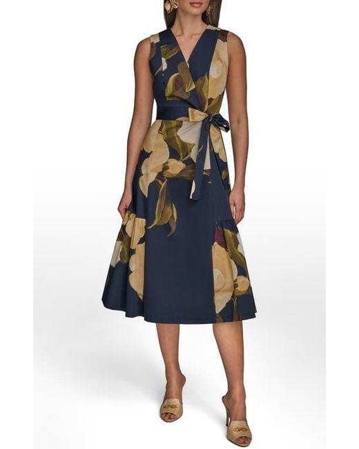 Donna Karan Blue Sleeveless Faux Wrap Midi Dress
