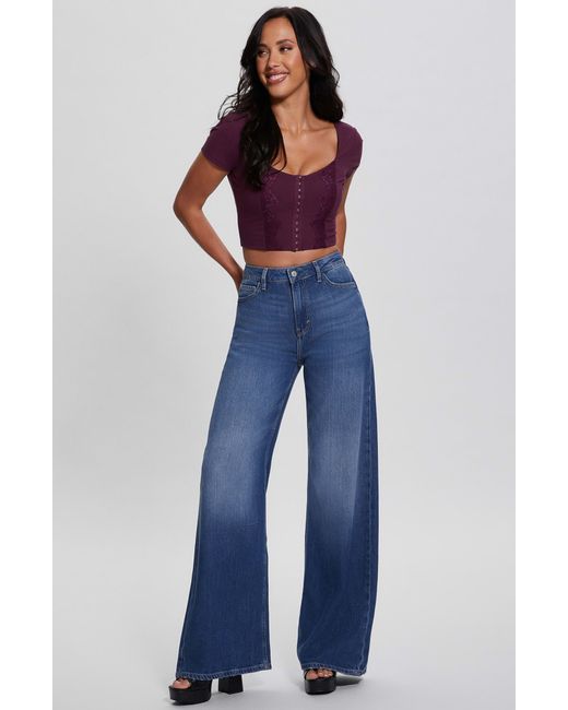 Guess Jamie Lace Detail Crop Top in Purple | Lyst