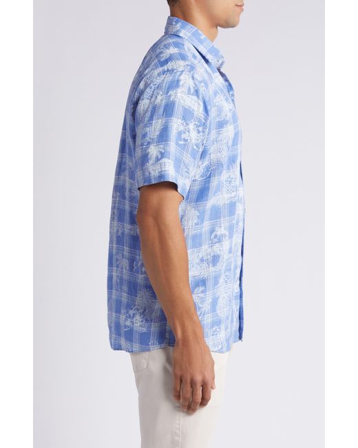 Peter Millar Blue Shoreside Tropical Print Short Sleeve Linen Button-up Shirt for men