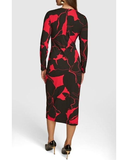 Donna Karan Red Bar Long Sleeve Faux Wrap Jersey Midi Dress