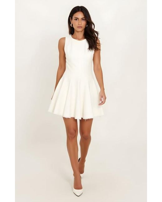 Modenaire White Sleeveless Fit And Flare Dress With Raw Edge Hem And Seam Detailing