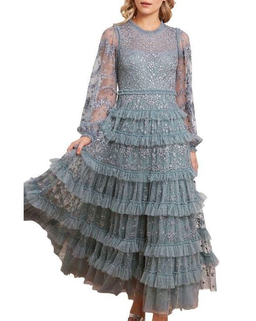 Needle & Thread Gray Blossom Long Sleeve Lace Ankle Gown