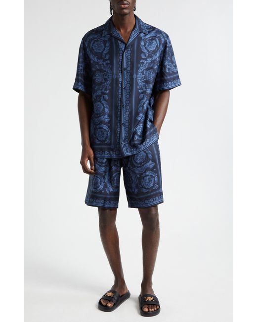 Versace Blue Barocco Print Silk Twill Shorts for men