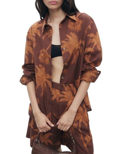 Mango Brown Palm Print Cotton Button-Up Shirt