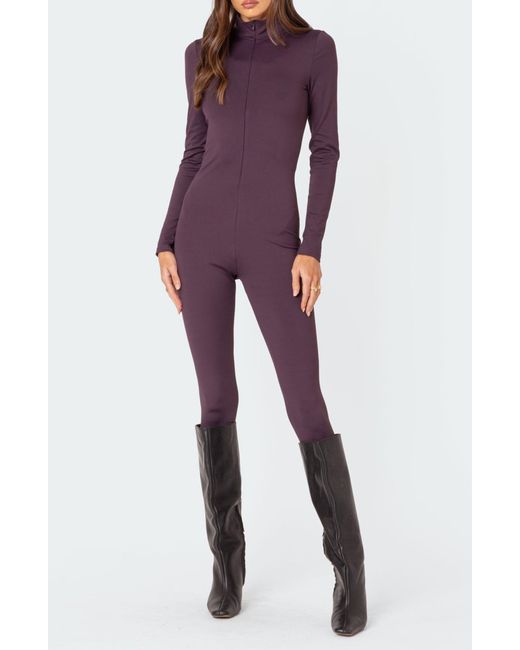 Edikted Purple Zip Front Long Sleeve Jumpsuit