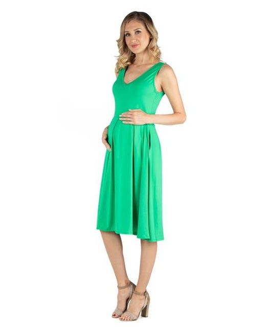 24seven Comfort Apparel Green Maternity Fit And Flare Sleeveless Midi Dress With Pockets