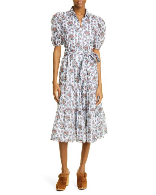 Veronica Beard Eunice Floral & Stripe Puff Sleeve Cotton Shirtdress | Lyst
