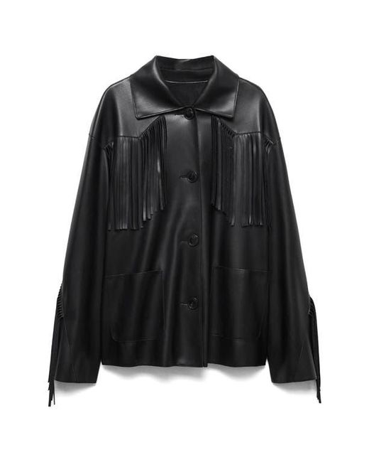 Mango Black Fringe Trim Faux Leather Jacket