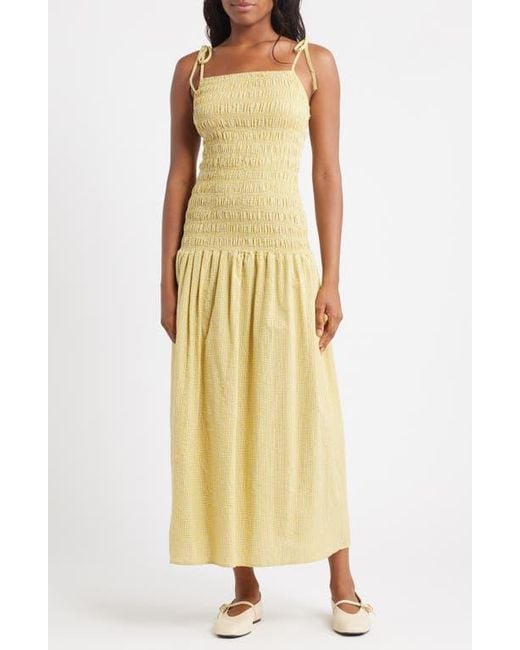 TOPSHOP Yellow Shirred Cotton Seersucker Midi Sundress