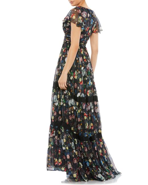 Mac Duggal Multicolor Floral Print Tiered Empire Waist Chiffon Gown